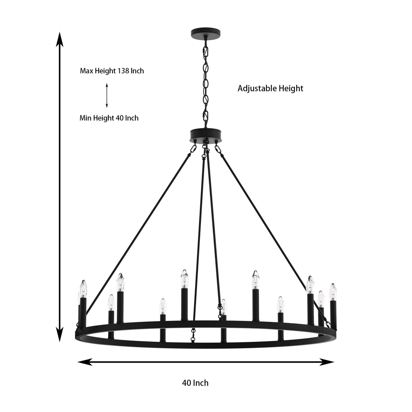 Suspension Acroma à 12 lumières, style ferme, en forme de roue de charrette de 40 pouces, avec certification UL - 40'' de diamètre x 138'' de hauteur