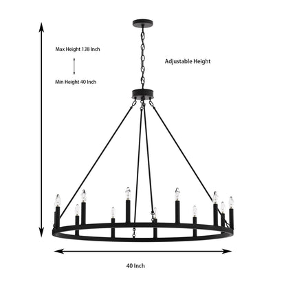 Suspension Acroma à 12 lumières, style ferme, en forme de roue de charrette de 40 pouces, avec certification UL - 40'' de diamètre x 138'' de hauteur