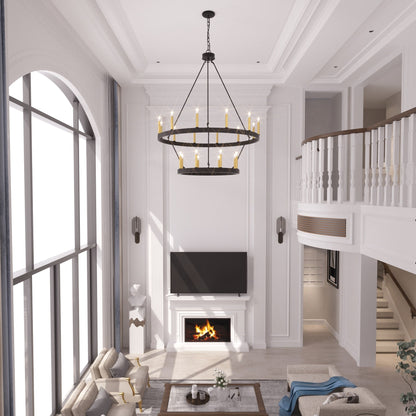 Luminaire Acroma à 20 lumières, style ferme moderne, en forme de roue de charrette ronde de 40 pouces, avec certification UL.