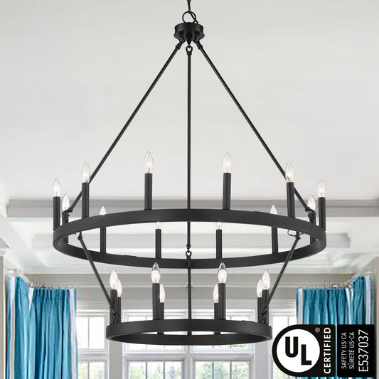 Luminaire Acroma à 20 lumières, style ferme moderne, en forme de roue de charrette ronde de 40 pouces, avec certification UL.