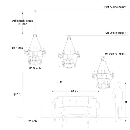 Luminaire Acroma à 20 lumières, style ferme moderne, en forme de roue de charrette ronde de 40 pouces, avec certification UL.