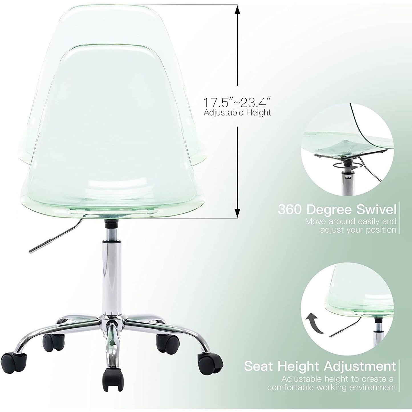 Chaise de bureau pivotante en acrylique, hauteur réglable, sans accoudoirs, sur roulettes, pour la maison.