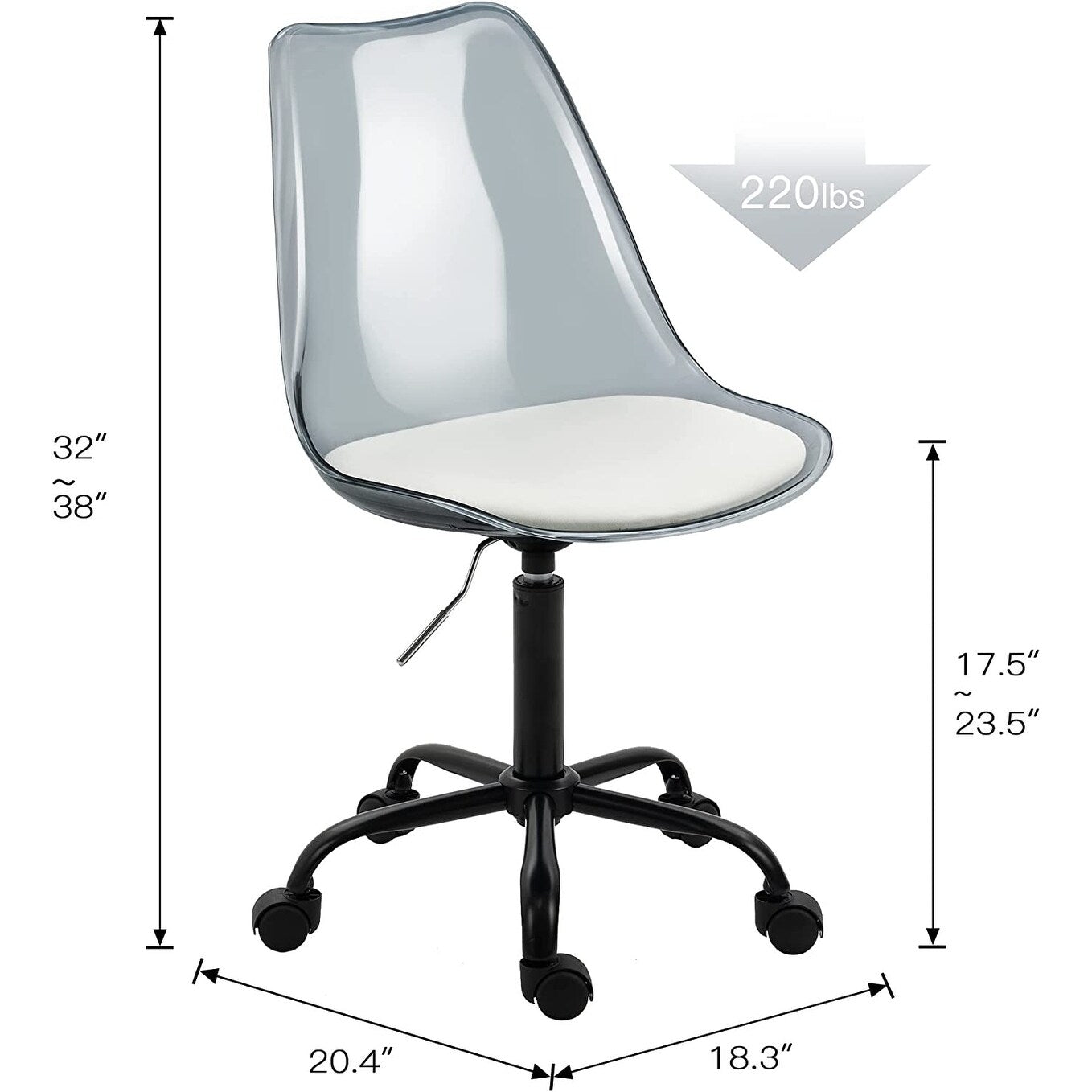 Chaise de bureau pivotante en acrylique, hauteur réglable, sans accoudoirs, sur roulettes, pour la maison.