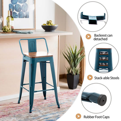 Tabourets de bar avec dossier, lot de 4, tabourets de bar industriels en métal avec assises en bois