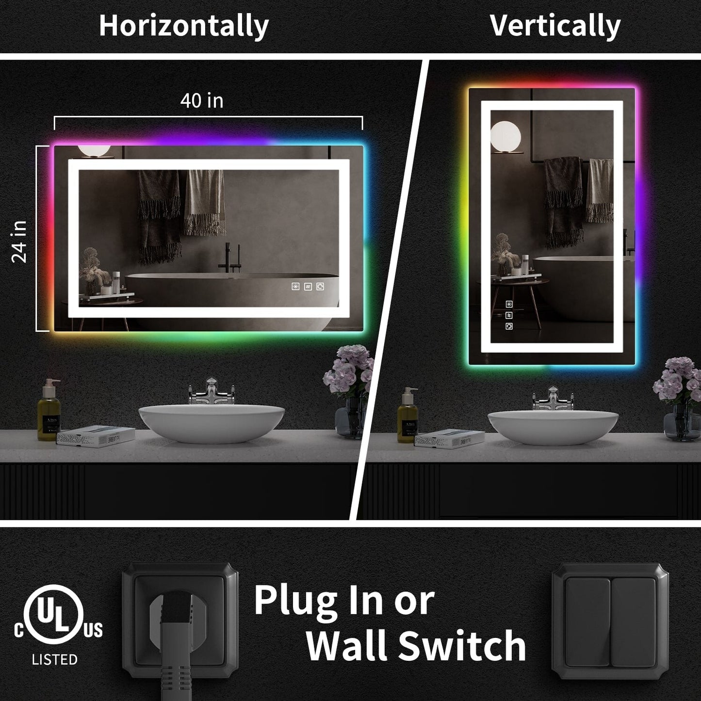 Miroir de salle de bain anti-buée avec rétroéclairage RGB et éclairage LED frontal