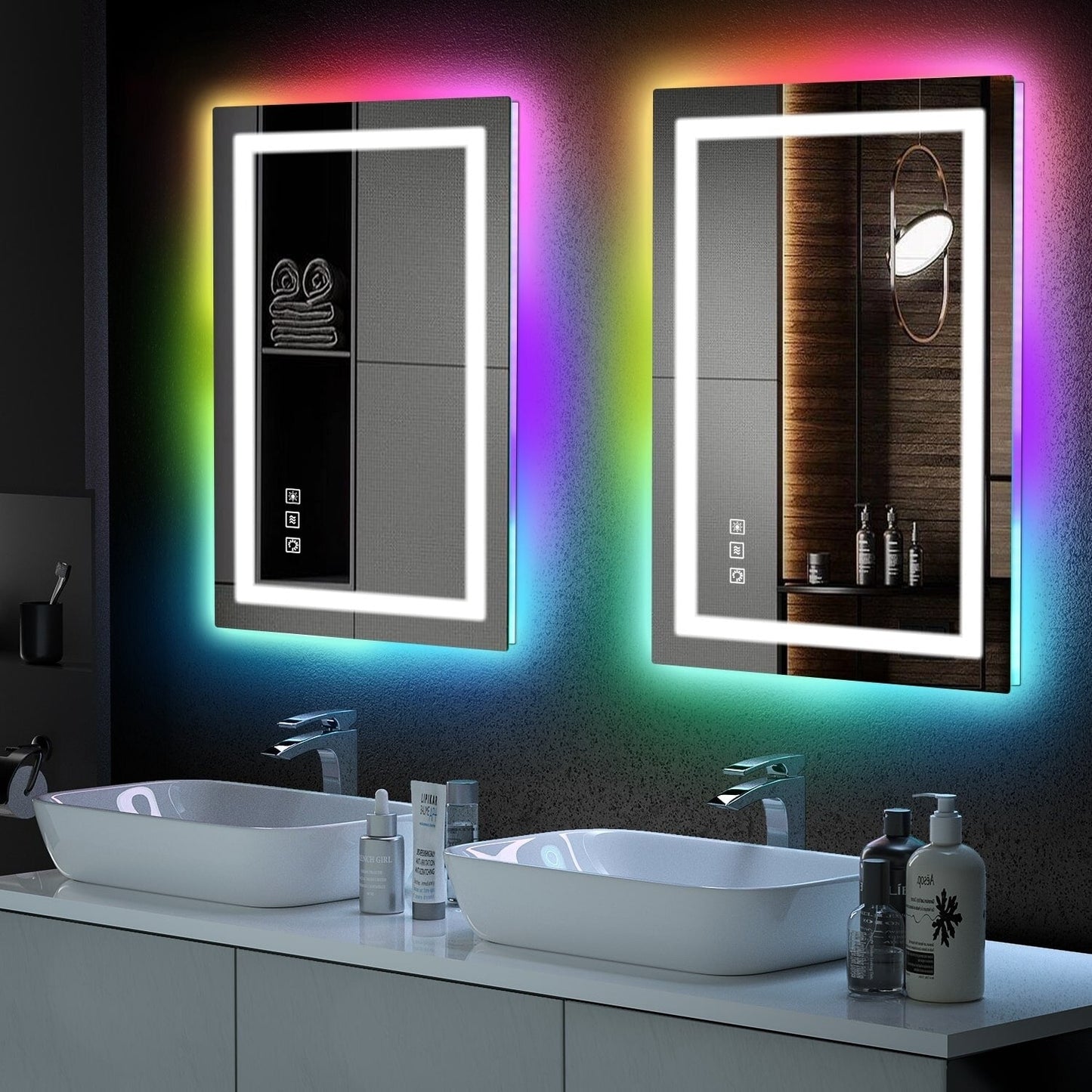 Miroir de salle de bain anti-buée avec rétroéclairage RGB et éclairage LED frontal
