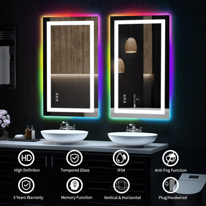 Miroir de salle de bain anti-buée avec rétroéclairage RGB et éclairage LED frontal