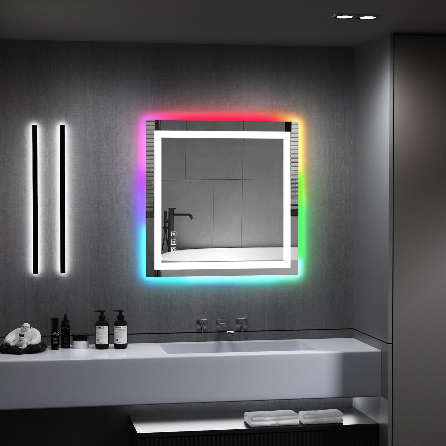 Miroir de salle de bain anti-buée avec rétroéclairage RGB et éclairage LED frontal