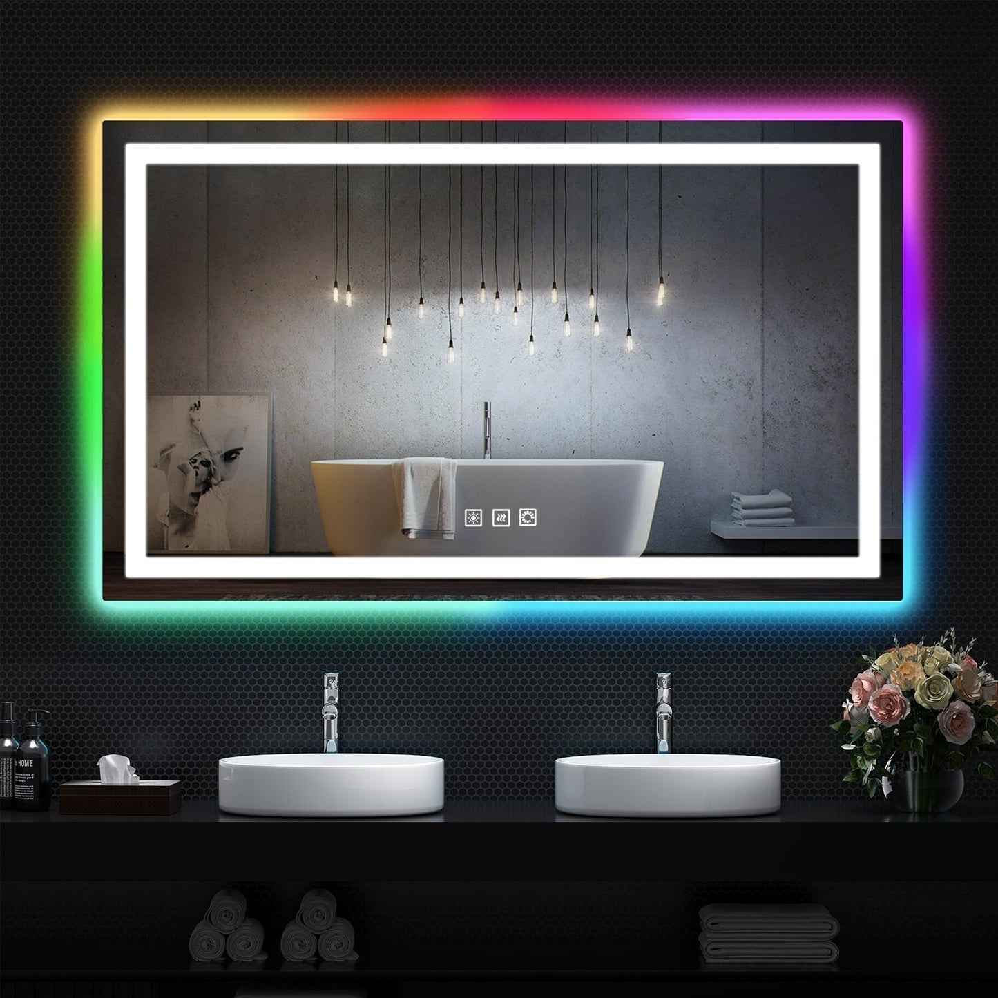Miroir de salle de bain anti-buée avec rétroéclairage RGB et éclairage LED frontal