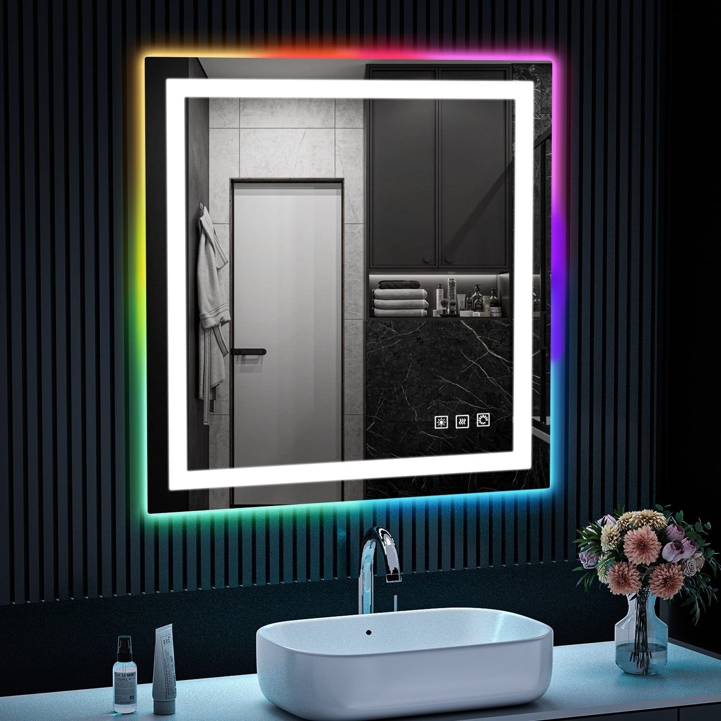 Miroir de salle de bain anti-buée avec rétroéclairage RGB et éclairage LED frontal