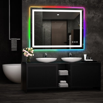 Miroir de salle de bain anti-buée avec rétroéclairage RGB et éclairage LED frontal