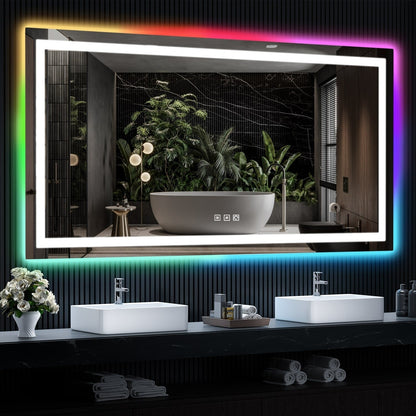 Miroir de salle de bain anti-buée avec rétroéclairage RGB et éclairage LED frontal