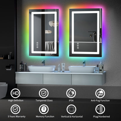 Miroir de salle de bain anti-buée avec rétroéclairage RGB et éclairage LED frontal