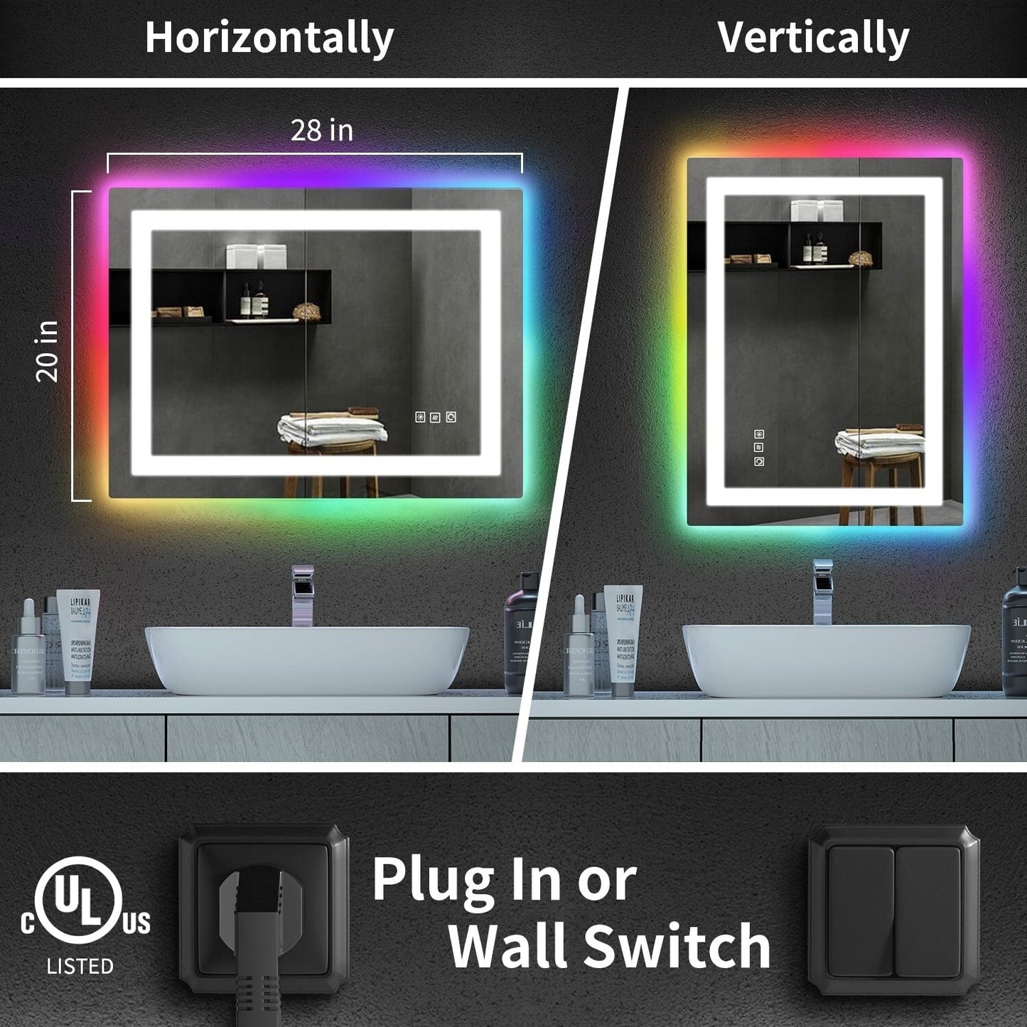 Miroir de salle de bain anti-buée avec rétroéclairage RGB et éclairage LED frontal