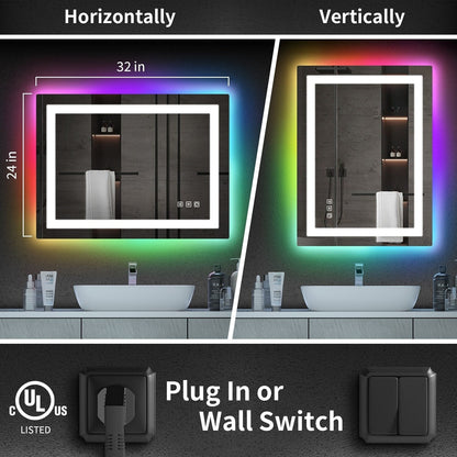 Miroir de salle de bain anti-buée avec rétroéclairage RGB et éclairage LED frontal