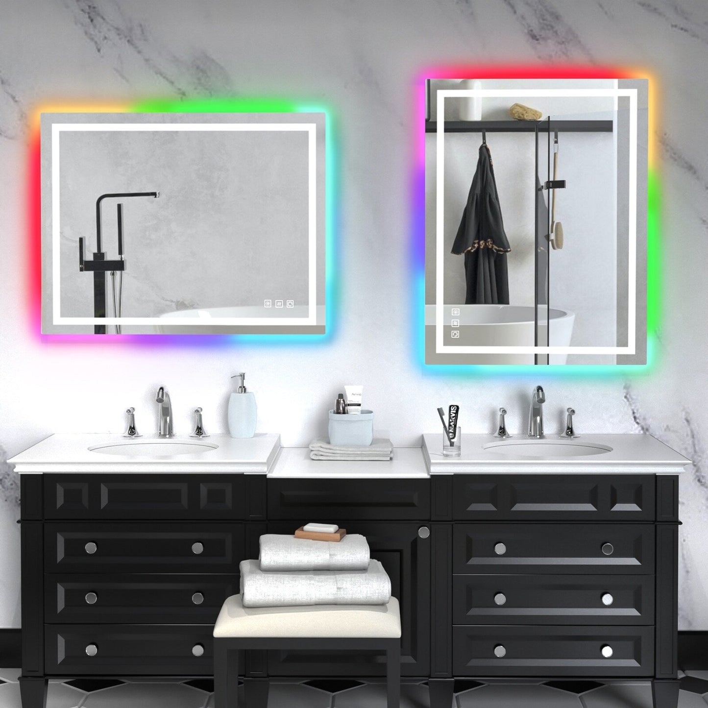 Miroir de salle de bain anti-buée avec rétroéclairage RGB et éclairage LED frontal