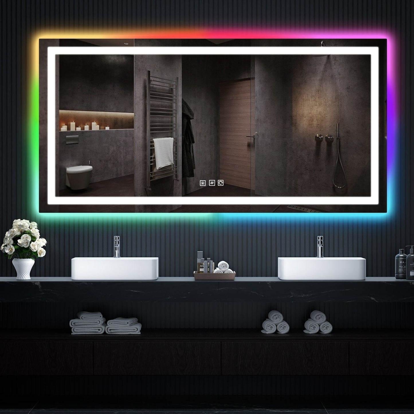 Miroir de salle de bain anti-buée avec rétroéclairage RGB et éclairage LED frontal