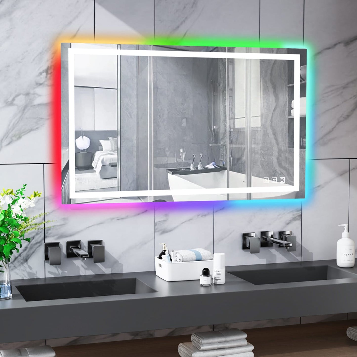 Miroir de salle de bain anti-buée avec rétroéclairage RGB et éclairage LED frontal