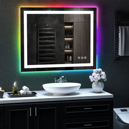 Miroir de salle de bain anti-buée avec rétroéclairage RGB et éclairage LED frontal