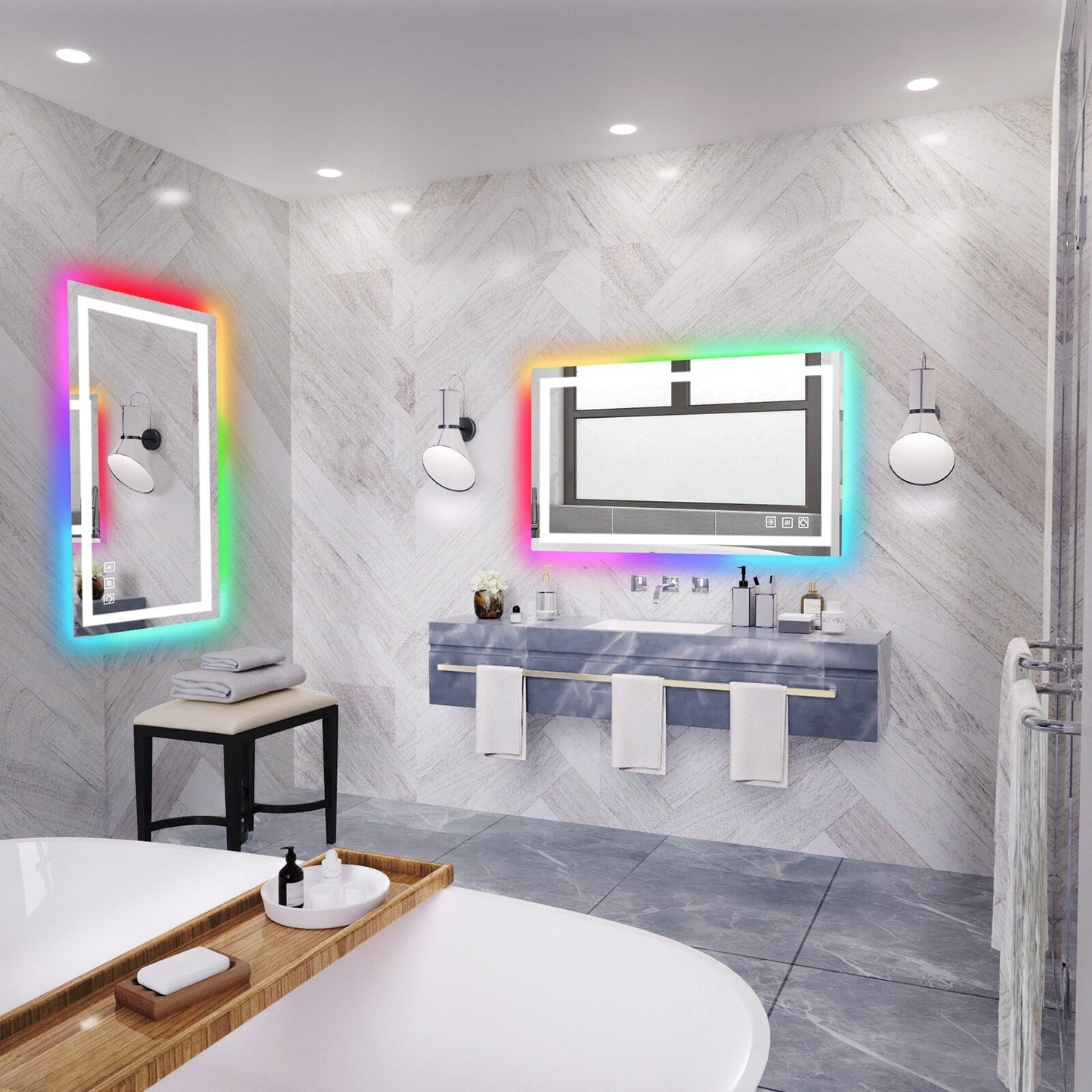 Miroir de salle de bain anti-buée avec rétroéclairage RGB et éclairage LED frontal