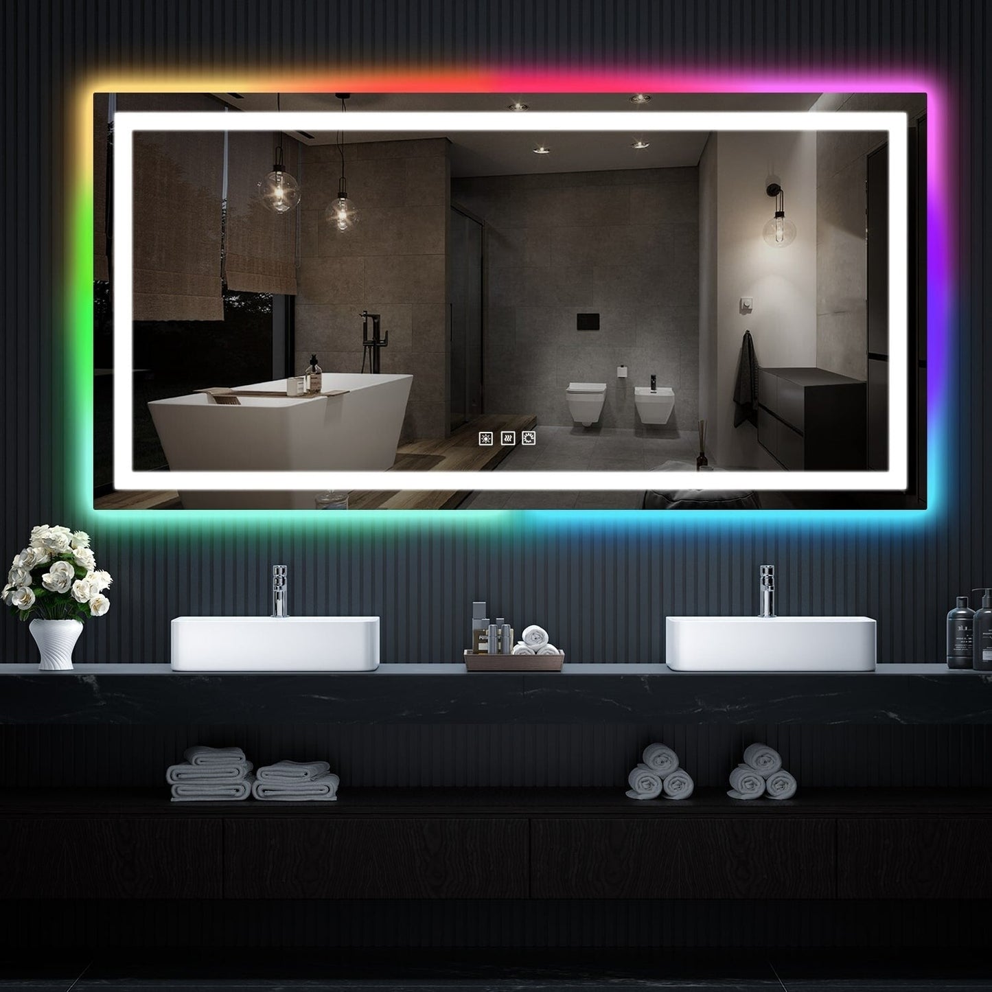 Miroir de salle de bain anti-buée avec rétroéclairage RGB et éclairage LED frontal