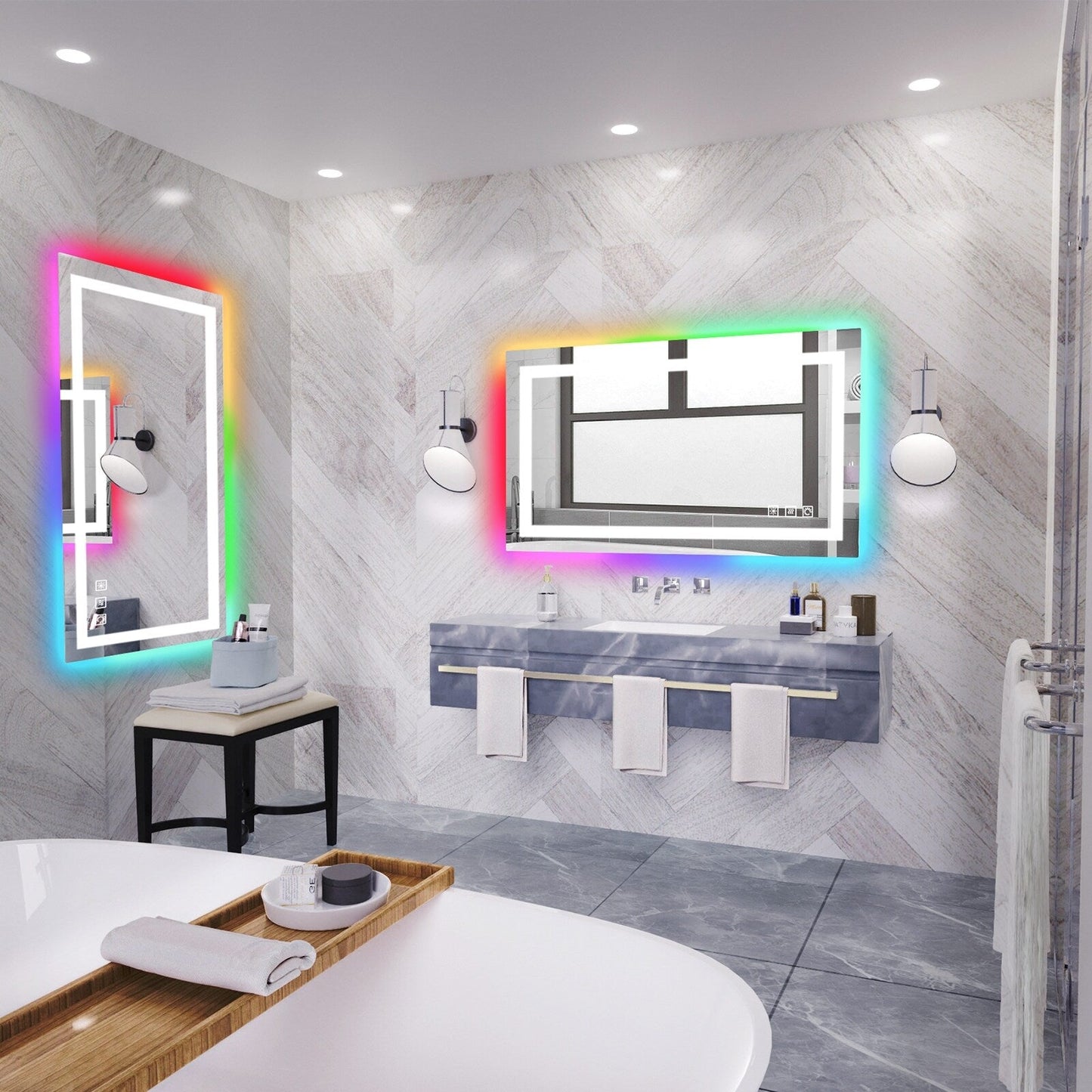 Miroir de salle de bain anti-buée avec rétroéclairage RGB et éclairage LED frontal