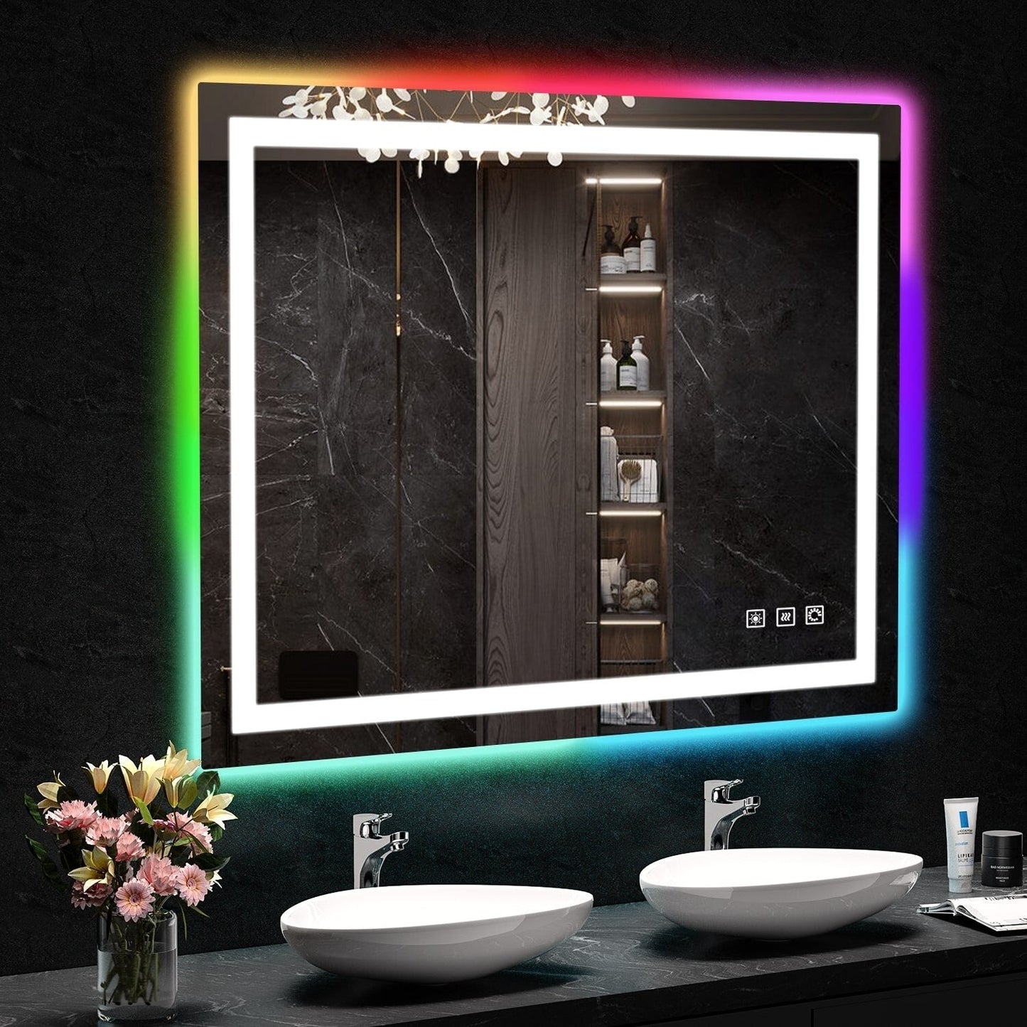 Miroir de salle de bain anti-buée avec rétroéclairage RGB et éclairage LED frontal