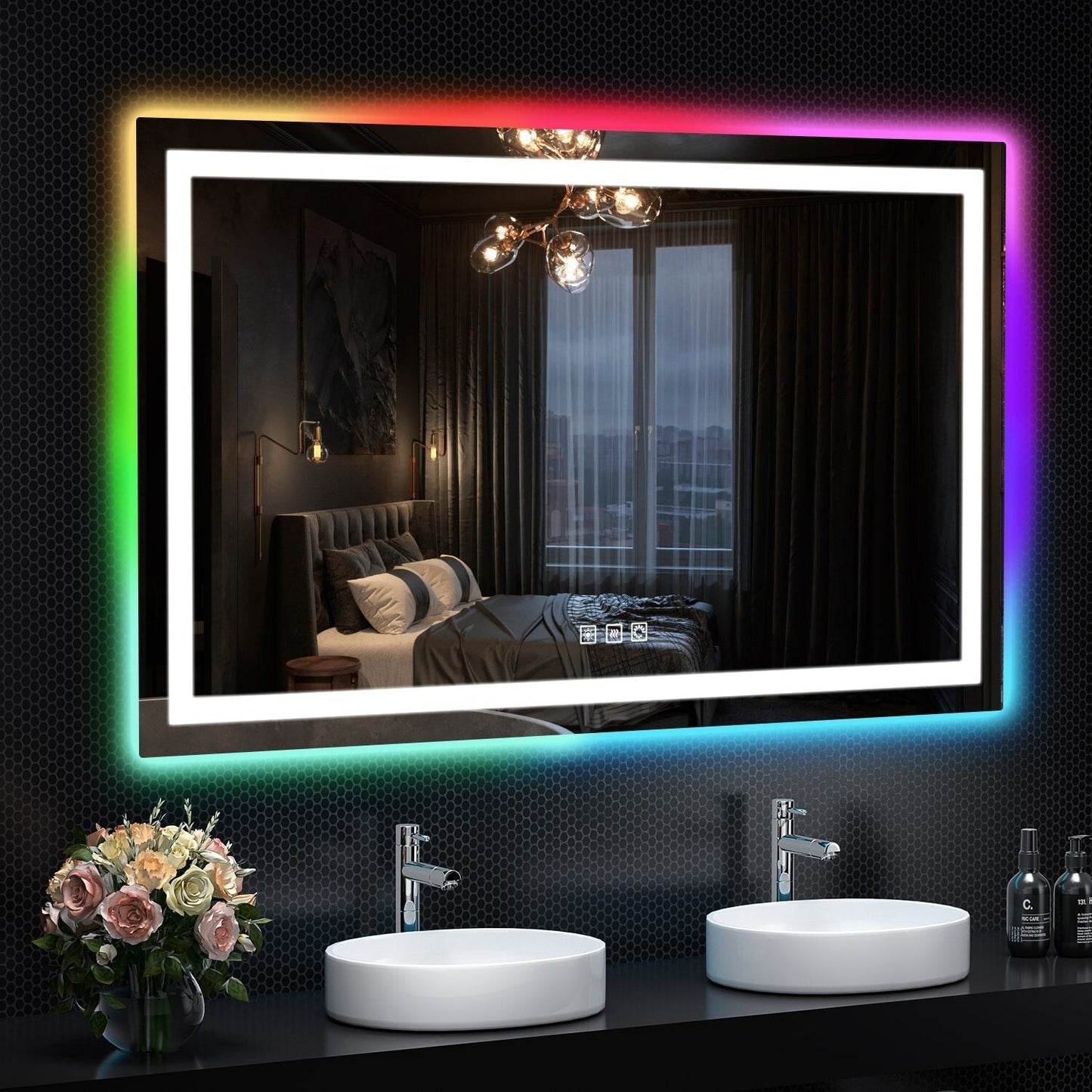 Miroir de salle de bain anti-buée avec rétroéclairage RGB et éclairage LED frontal