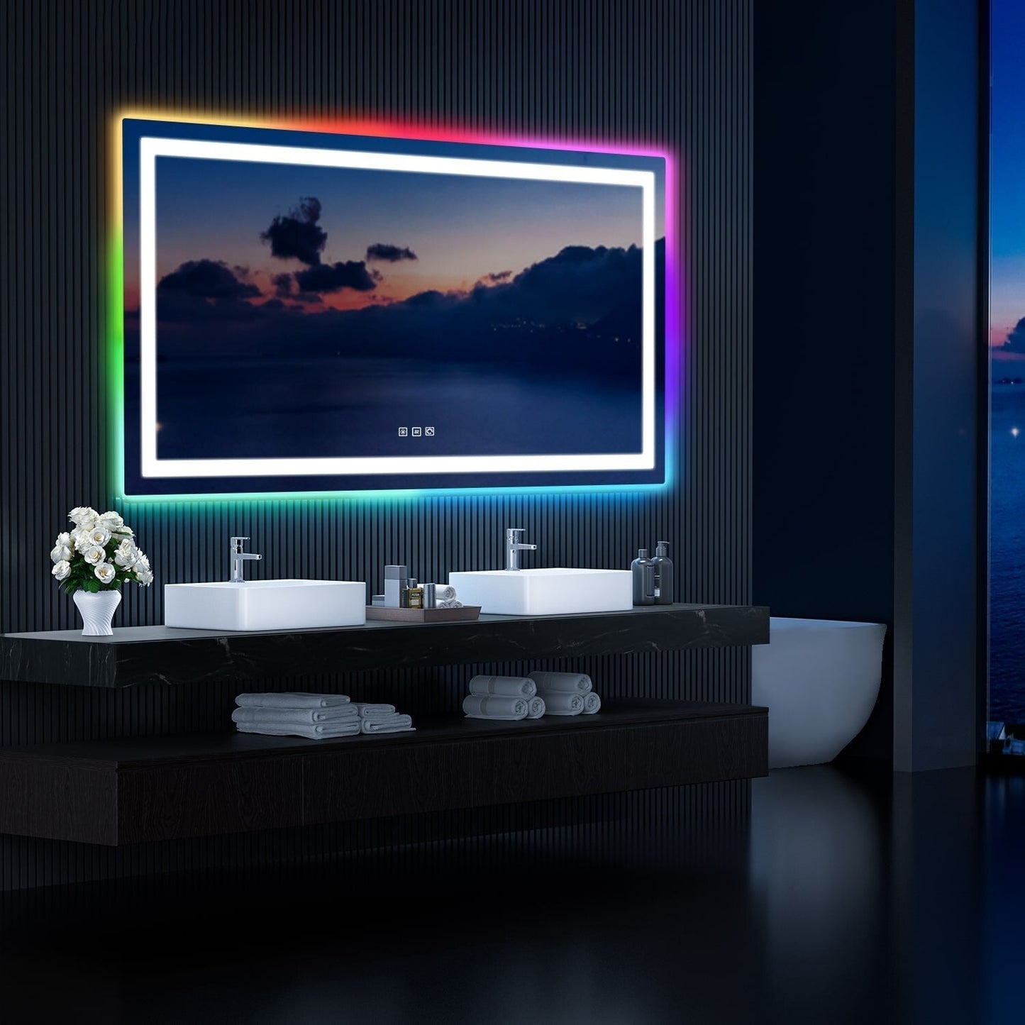 Miroir de salle de bain anti-buée avec rétroéclairage RGB et éclairage LED frontal