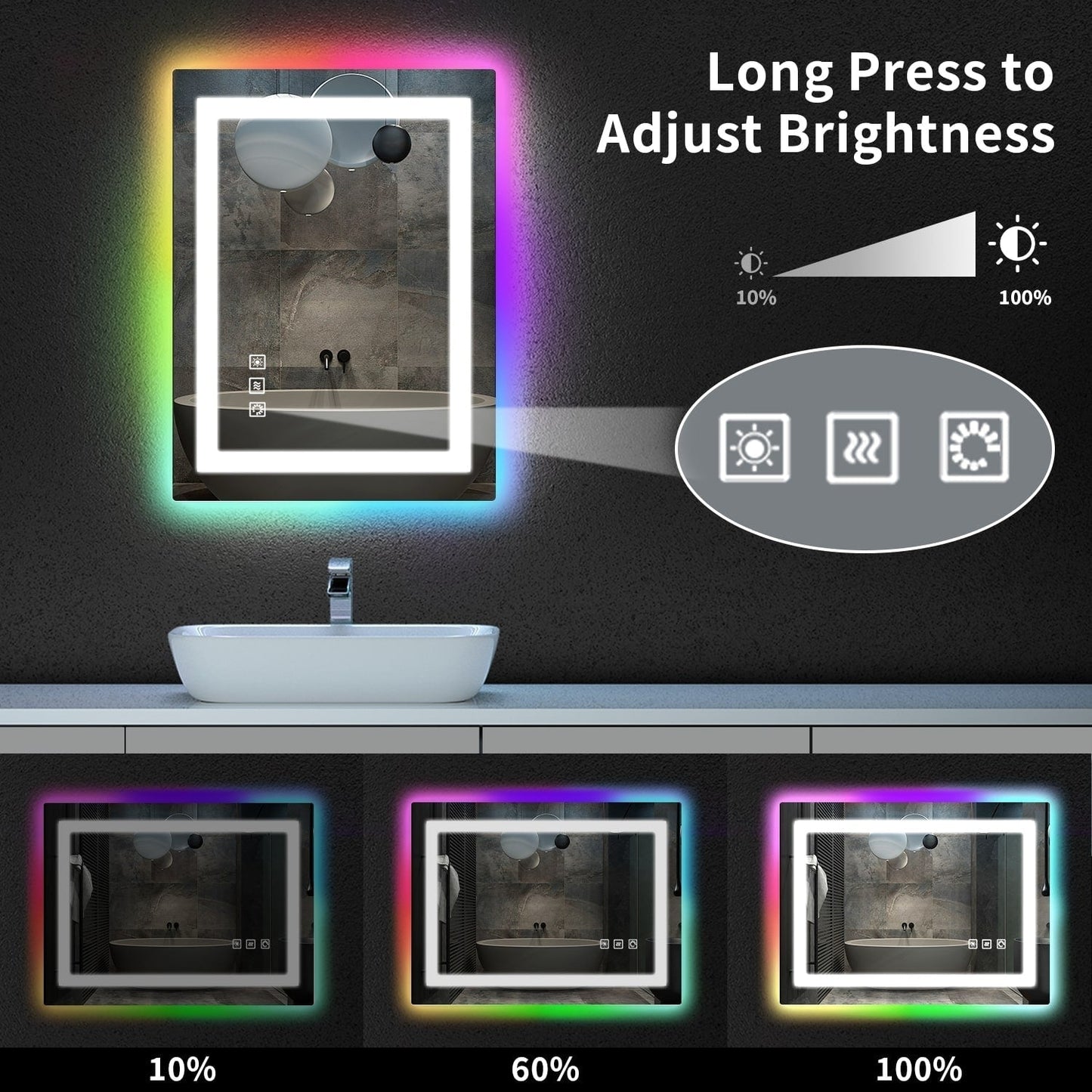 Miroir de salle de bain anti-buée avec rétroéclairage RGB et éclairage LED frontal