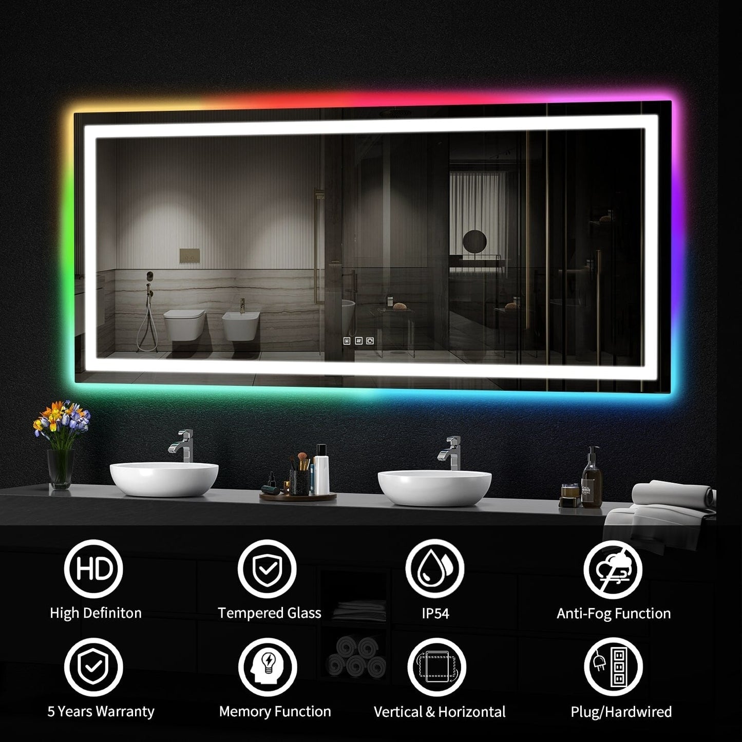 Miroir de salle de bain anti-buée avec rétroéclairage RGB et éclairage LED frontal