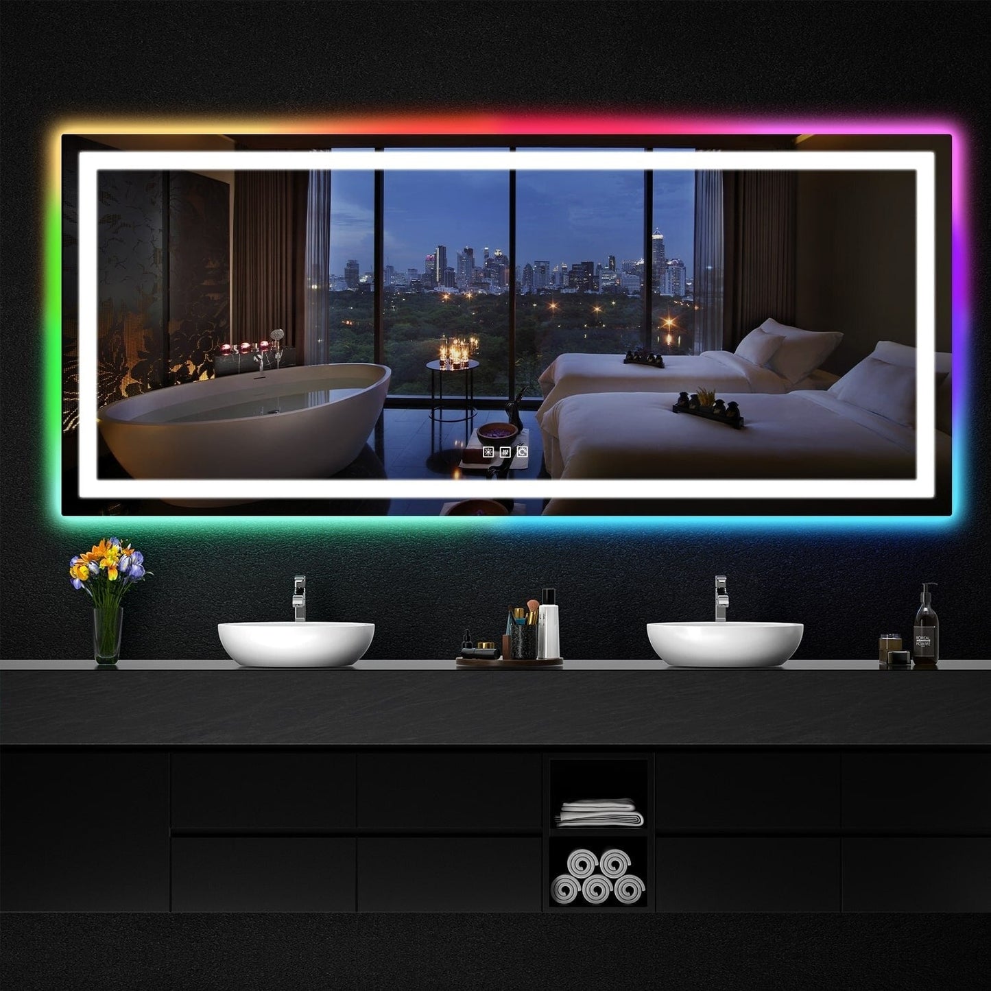 Miroir de salle de bain anti-buée avec rétroéclairage RGB et éclairage LED frontal