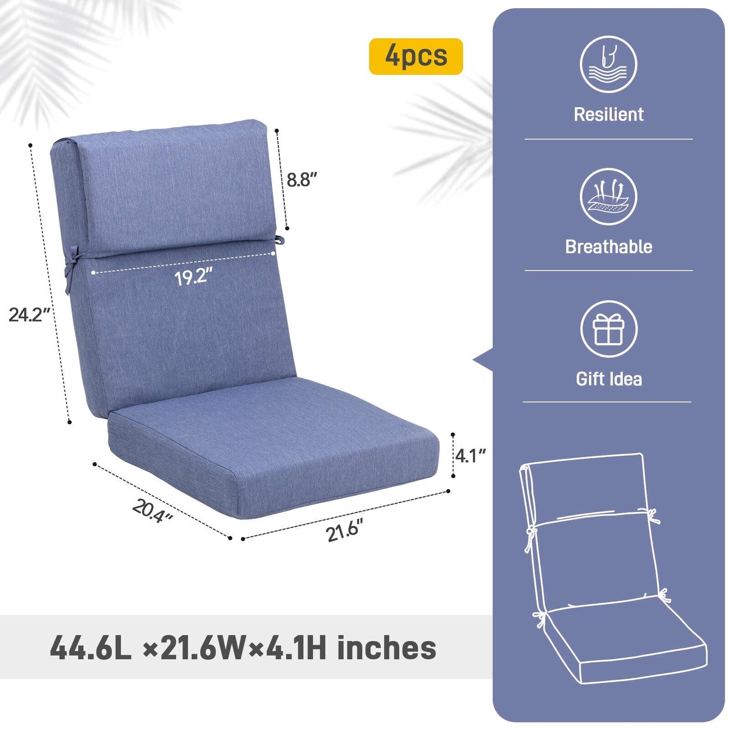 Aoodor Lot de 4 coussins pour chaises de jardin à dossier haut, 46x21x4 pouces (coussins uniquement)