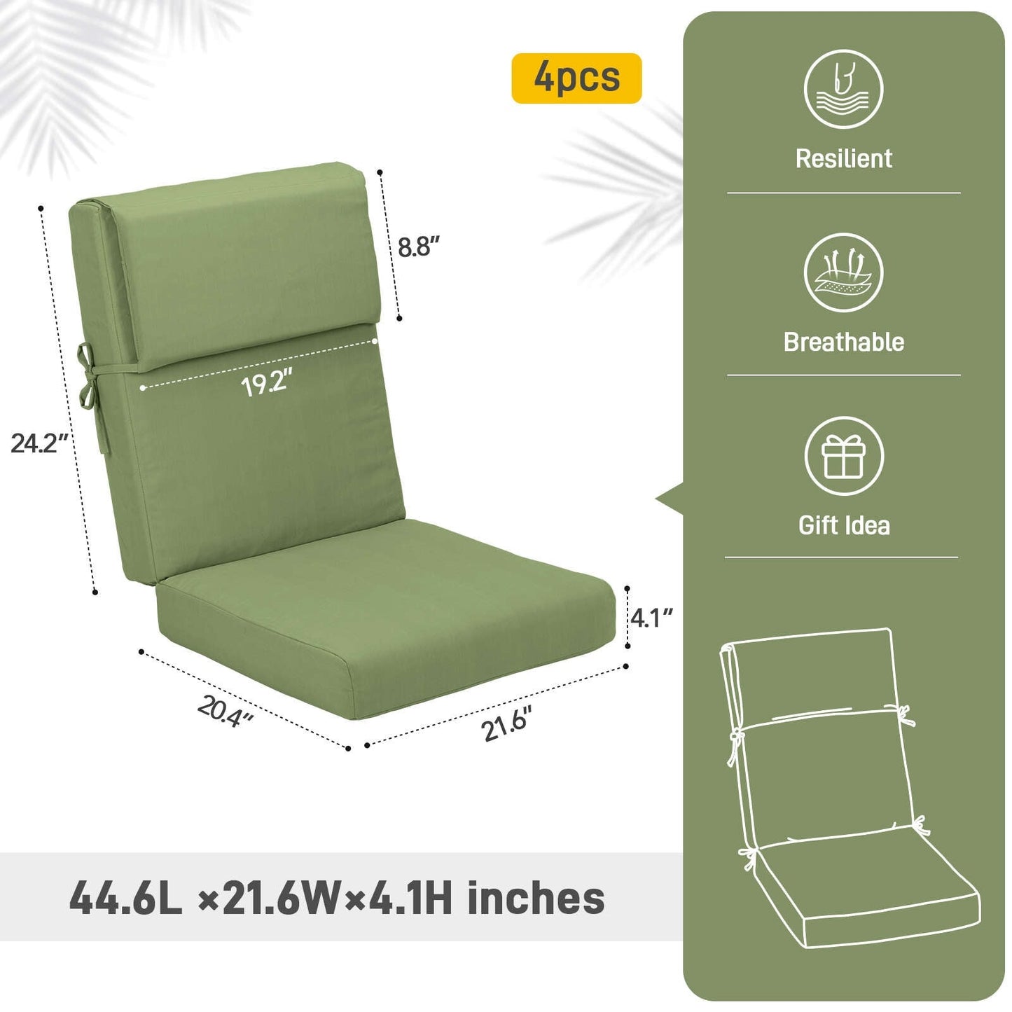 Aoodor Lot de 4 coussins pour chaises de jardin à dossier haut, 46x21x4 pouces (coussins uniquement)