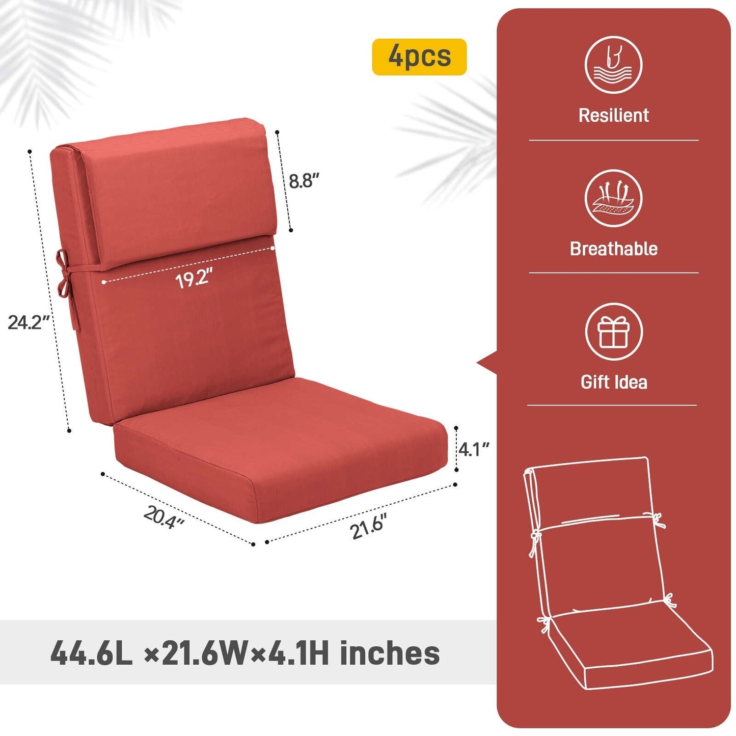 Aoodor Lot de 4 coussins pour chaises de jardin à dossier haut, 46x21x4 pouces (coussins uniquement)