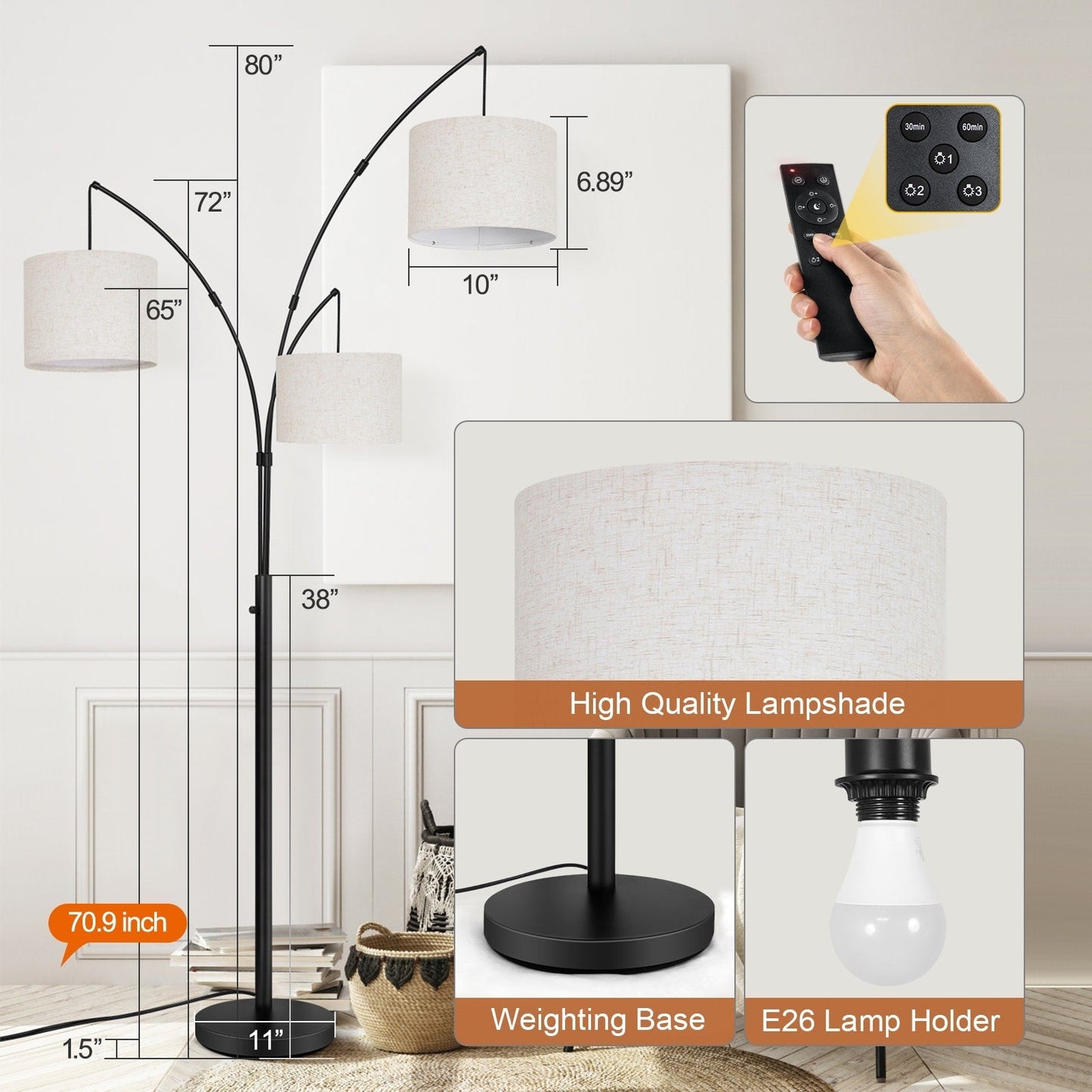 Lampe de sol LED à arc, moderne, noire, à intensité variable, avec 3 lumières, haute et arquée.