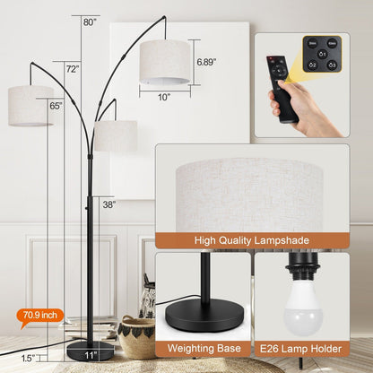 Lampe de sol LED à arc, moderne, noire, à intensité variable, avec 3 lumières, haute et arquée.