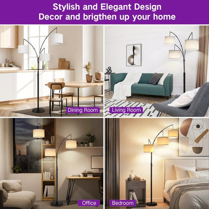 Lampe de sol LED à arc, moderne, noire, à intensité variable, avec 3 lumières, haute et arquée.