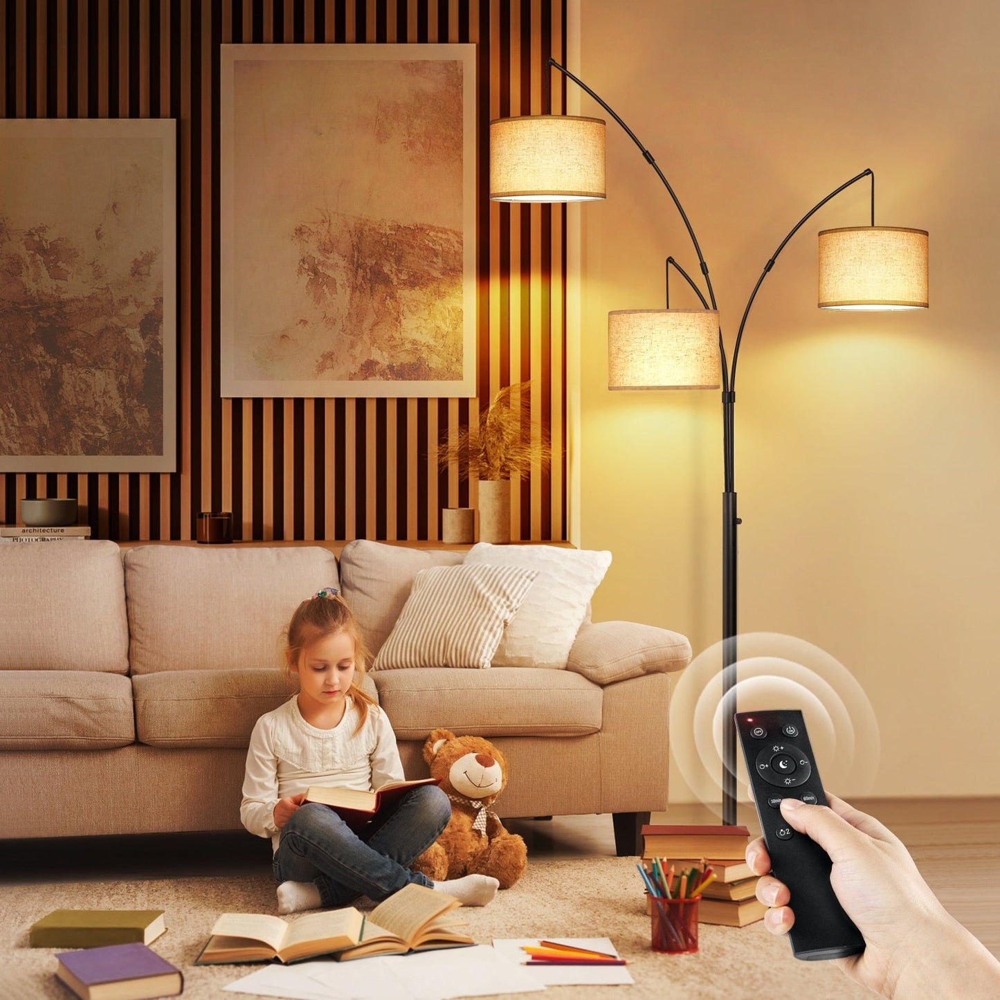 Lampe de sol LED à arc, moderne, noire, à intensité variable, avec 3 lumières, haute et arquée.