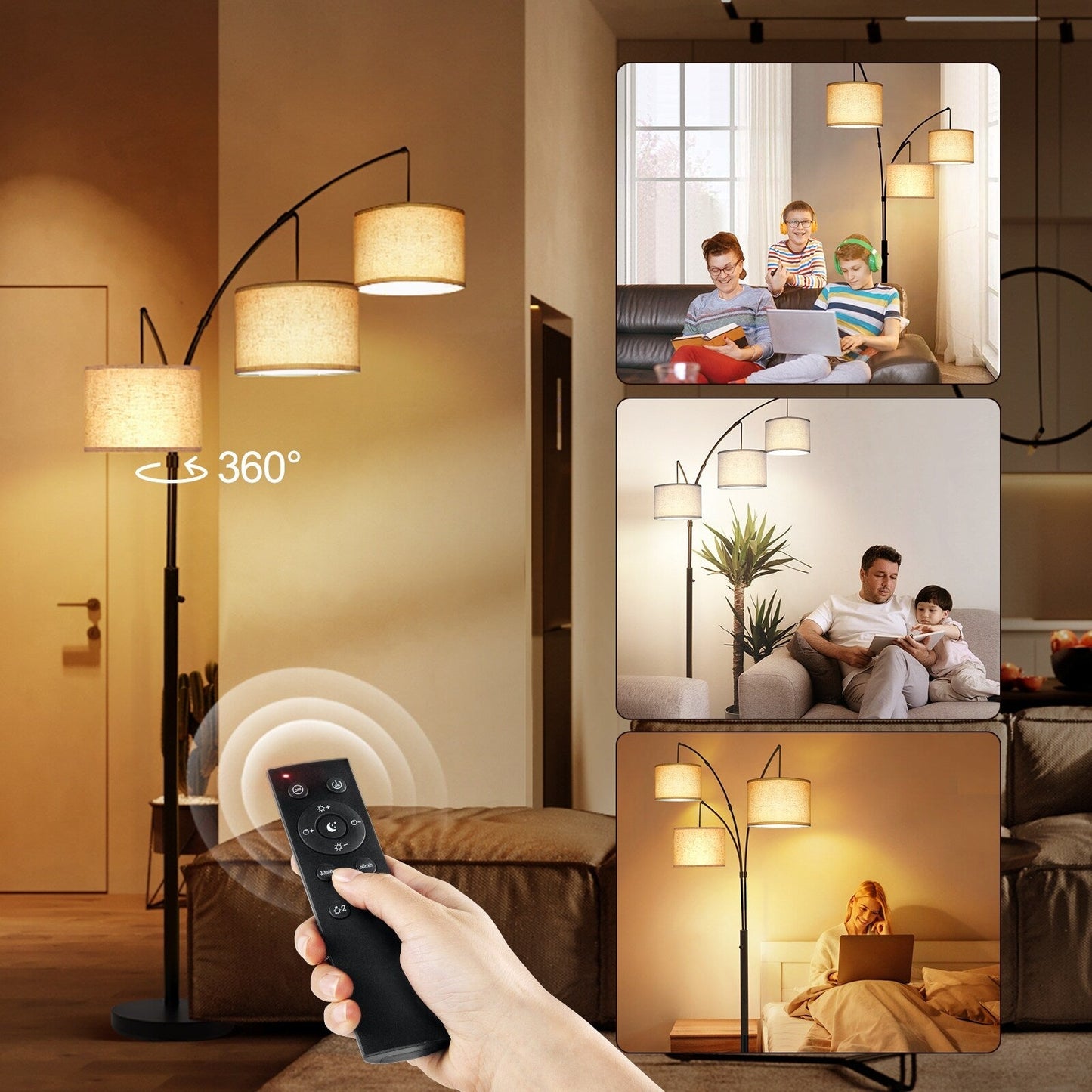 Lampe de sol LED à arc, moderne, noire, à intensité variable, avec 3 lumières, haute et arquée.