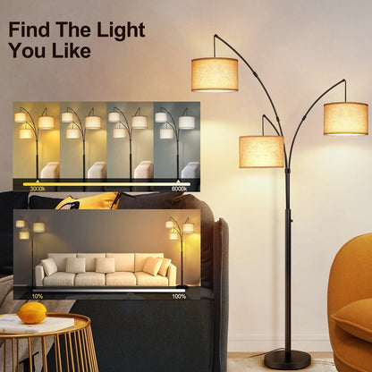 Lampe de sol LED à arc, moderne, noire, à intensité variable, avec 3 lumières, haute et arquée.