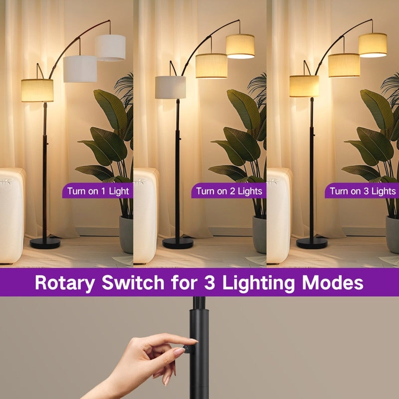 Lampe de sol LED à arc, moderne, noire, à intensité variable, avec 3 lumières, haute et arquée.