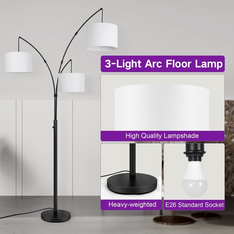 Lampe de sol LED à arc, moderne, noire, à intensité variable, avec 3 lumières, haute et arquée.