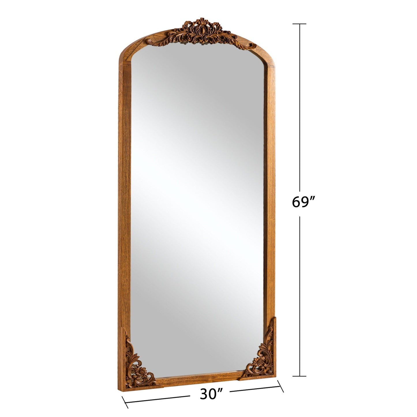 Grand miroir de sol en bois massif à encadrement incurvé et sculpture