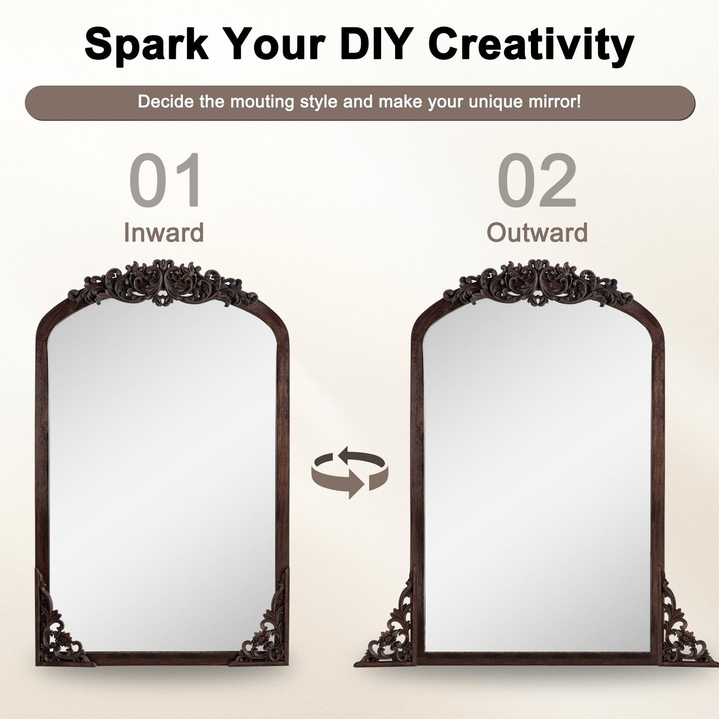 Grand miroir de sol en bois massif à encadrement incurvé et sculpture