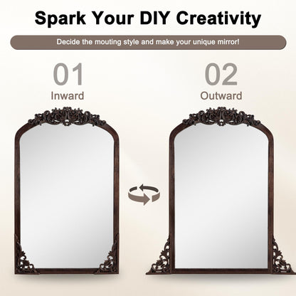 Grand miroir de sol en bois massif à encadrement incurvé et sculpture