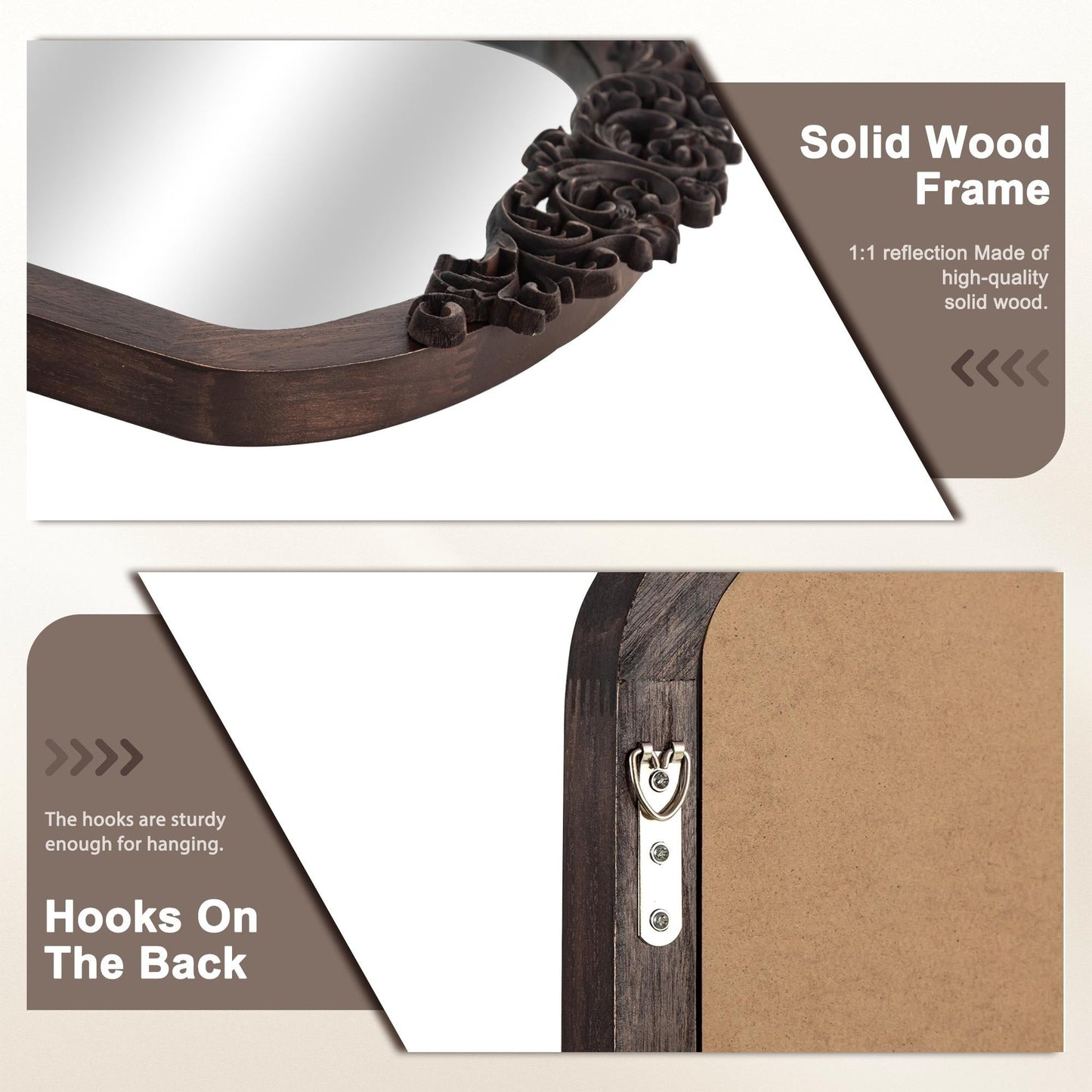 Grand miroir de sol en bois massif à encadrement incurvé et sculpture