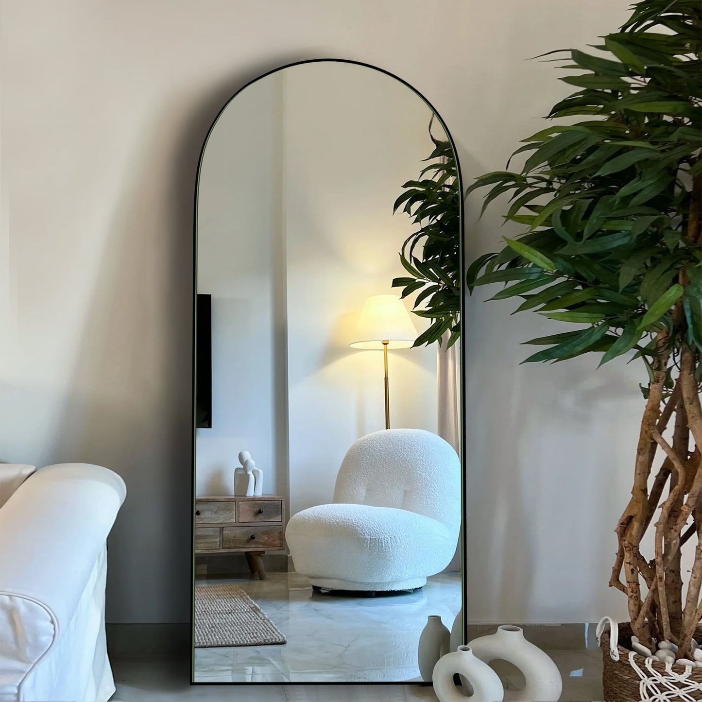 Grand miroir de sol en bois avec arche, miroir mural