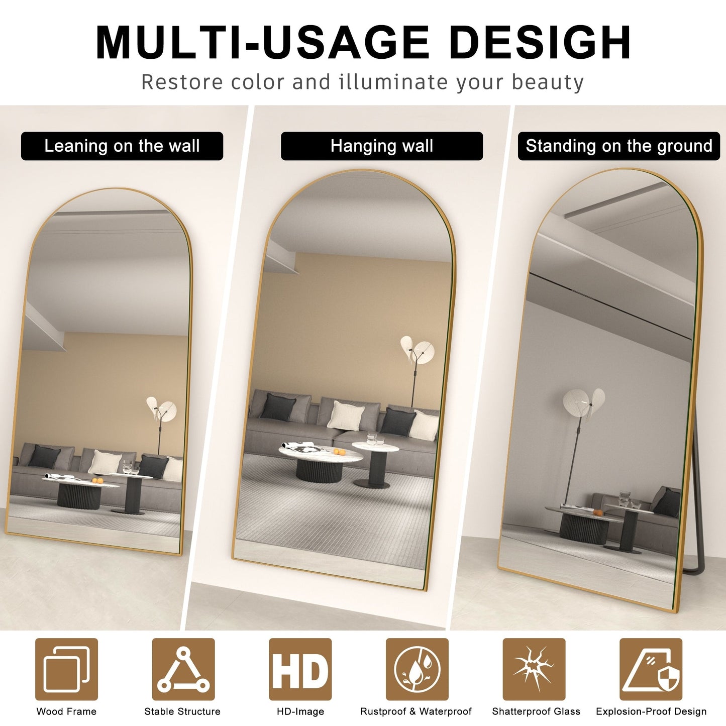 Grand miroir de sol en bois avec arche, miroir mural