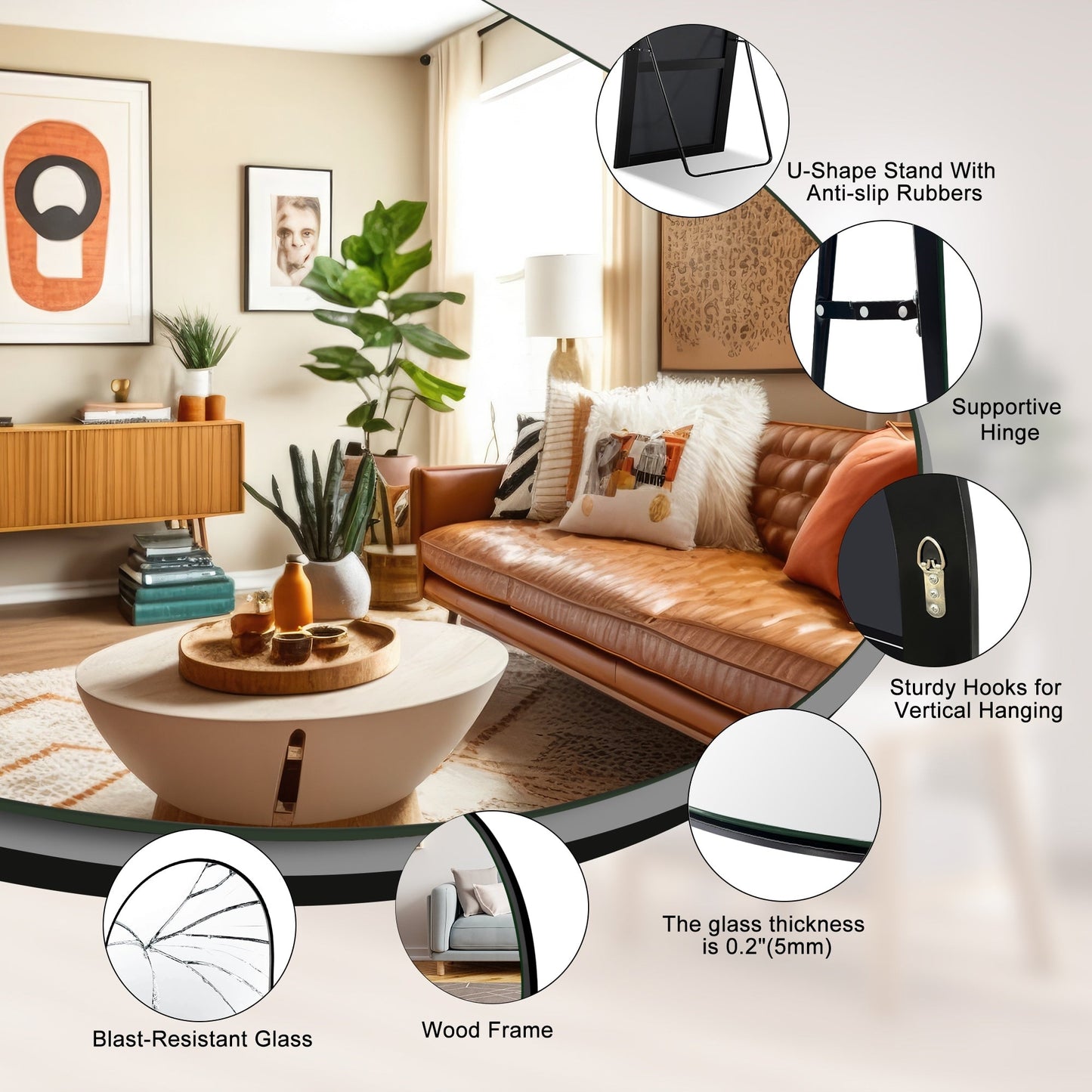 Grand miroir de sol en bois avec arche, miroir mural